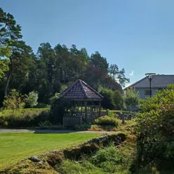 Et hus med en gresshage og trær rundt den